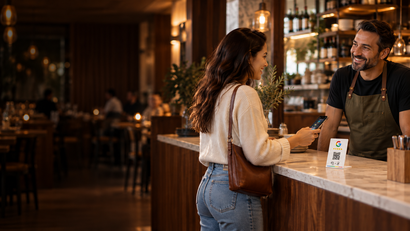 Illustrative restaurant scene showing a customer using a feedback stand